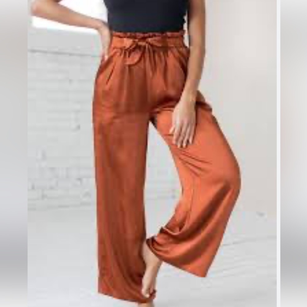 Satin Paperbag Wide Leg Pants in Copper